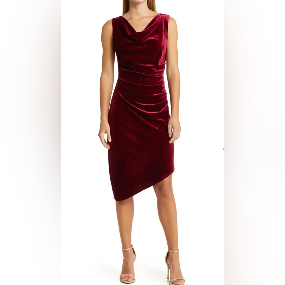 Sam Edelman Drape Neck Stretch Velvet Cocktail Dress in Bordeaux, Size 6 NWT